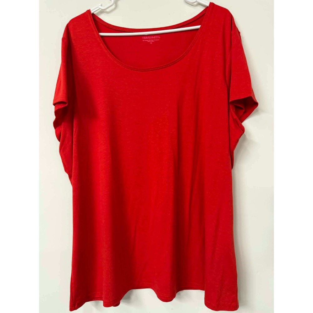 TravelSmith 1X Red Scoop Neck Short Sleeve Tee Shirt Stretch Jersey